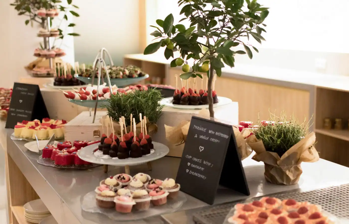 Table de buffet avec une variété de desserts et décorations naturelles, créant une ambiance élégante et conviviale pour un événement.